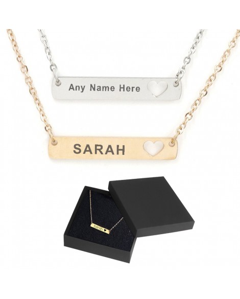 Personalised Name Horizontal Rectangle Bar Necklace Custom Engraved Jewellery Gift Stainless Steel UK