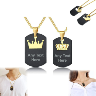 Personalised Black King & Queen Tag Couple Necklaces with Gold Crown