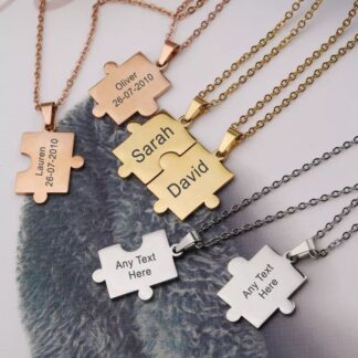 Personalised Engraved Puzzle Shape Necklace, Custom Names, Initials, Engraved Jewellery For Her and Him, Love Friendship Sharing Pendant